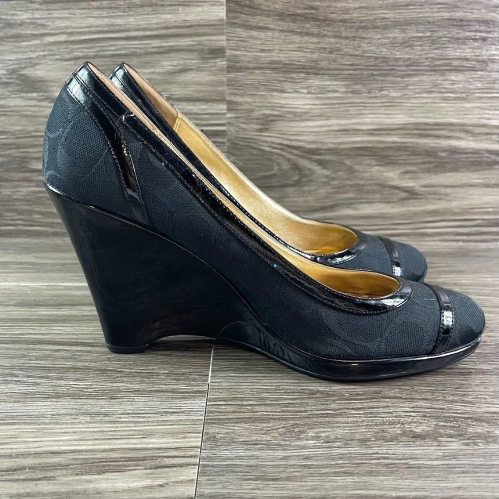 Coach Women's Black Monogram Wedge Heels Shoes Size 8.5
